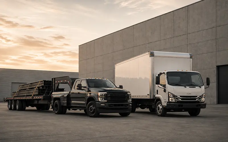 Black hotshot truck with gooseneck trailer beside a white box truck outside a warehouse