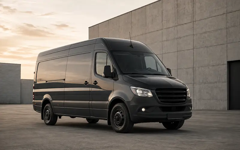 Black sprinter van outside a commercial warehouse at sunset
