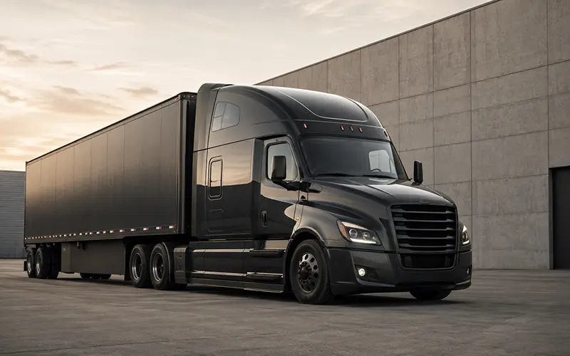 Black semi truck and trailer outside a warehouse
